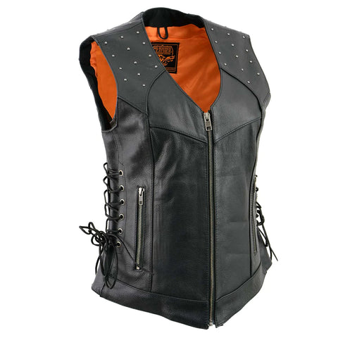 Women's Classic Black Leather V-Neck Riveted Motorcycle Rider Vest with Side Lace