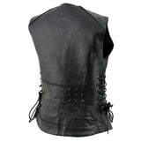 Women's Classic Black Leather V-Neck Riveted Motorcycle Rider Vest with Side Lace
