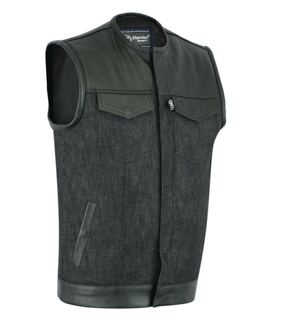 Men's Leather Denim Combo Club Vest No Collar