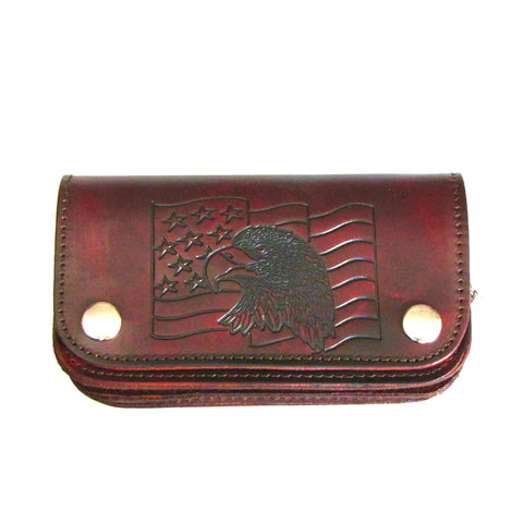 6" ANTIQUE FINISH BIKER WALLET- EAGLE HEAD W/ FLAG