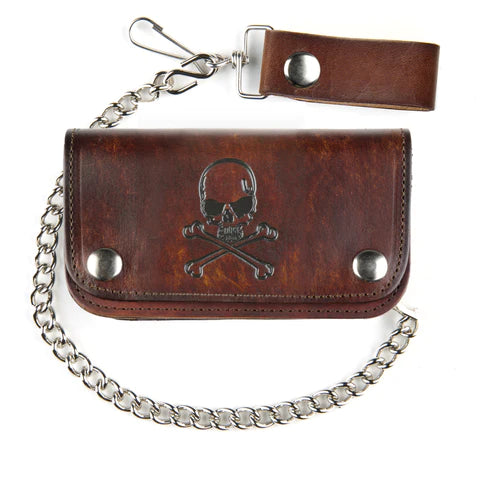 6" ANTIQUE FINISH BIKER WALLET- SKULL & CROSSBONES