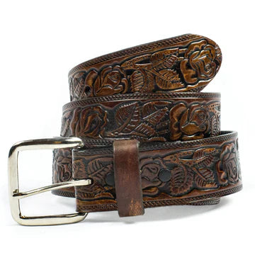1 1/2" Antique Finish Belt- Tooled Floral Design