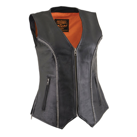 Classic V-Neck MC Rider Vest with Rhinestone Bling MLL4502