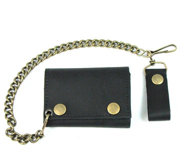 Oil Tanned Tri-Fold Wallet w/ Antique Brass Chain & Snaps